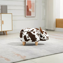 Cow-print ottoman with rounded cushioned body, brown-and-white spots, and wooden legs