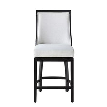 Light gray upholstered barstool seat with tall backrest and black legs