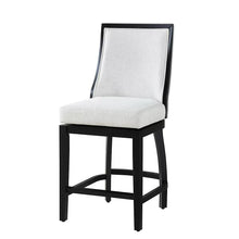 Swivel barstool with light fabric seat and back, dark wooden frame, footrest