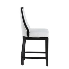 Swivel barstool with curved light gray back cushion and black wooden legs