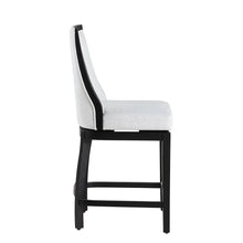 Barstool with curved backrest, light upholstered seat, dark frame and footrest