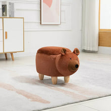 Brown bear-shaped plush ottoman with stitched face and rounded top, wooden legs