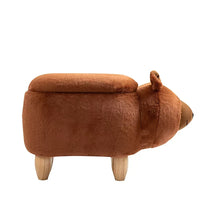 Brown bear-shaped plush ottoman with rounded seat and visible wooden feet