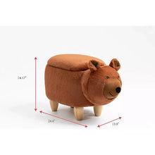 Brown bear-shaped plush ottoman with round seat, curled ears, and wooden legs