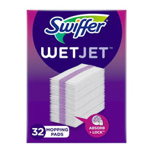 Swiffer WetJet floor cleaning pads box with stacked white pads and purple edges