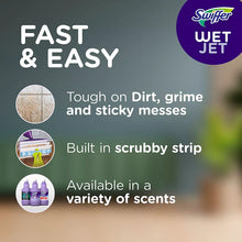 Swiffer WetJet cleaning pads promotional graphic with dirt-scrubbing and variety callouts