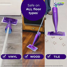 Swiffer WetJet floor mop with purple cleaning pad on tile, vinyl, and wood