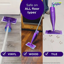 Swiffer WetJet floor mop with purple head and attached cleaning pad