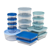 Clear plastic food storage containers set with blue and teal snug-fit lids
