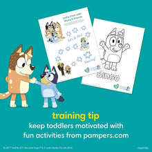 Bluey training tip cards and activity sheets for toddlers, with character illustrations