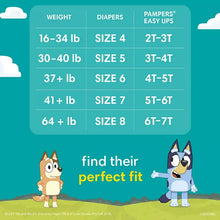 Size chart for Pampers easy ups training underwear, weights and sizes shown