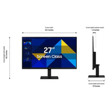 27-inch Samsung monitor with screen-size diagram and stand dimensions