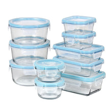Clear plastic food storage containers with blue snap lids, stackable set