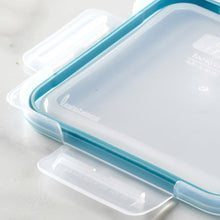 Clear long food storage container with blue lid and carry handle