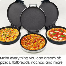 Pizza oven with four round cooking plates and a central lid, with assorted pizzas