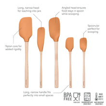Set of 5 silicone spatulas with wood handles, long narrow and angled heads