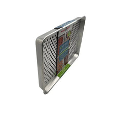 Oven crisping set: two stacked perforated racks on a metal tray, angled view.