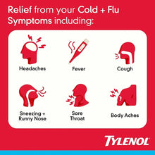 Tylenol Cold & Flu multi-symptom liquid gels box graphic listing headaches, fever, cough
