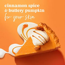 Cinnamon spice and buttery pumpkin body wash promo with creamy swirl graphic