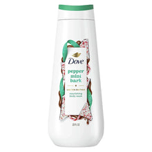 Peppermint bark body wash bottle with Dove logo and green cap