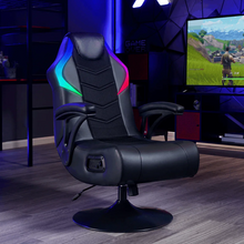 Black gaming chair with headrest, curved armrests, and multicolor RGB LED accents