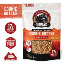 Kodiak protein-packed cookie butter granola bag, front view with protein icons