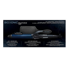 Long barrel curling iron with blue barrel and paddle brush shown on box