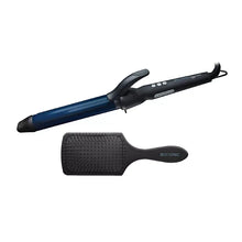 Long barrel curling iron with blue barrel and detangling paddle brush