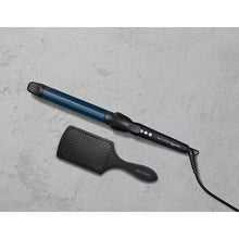 Blue-barrel curling iron with black handle and detangling paddle brush