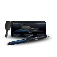 Long barrel curling iron with blue barrel and detangling paddle brush