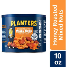 Honey-roasted mixed nuts canister front with Planters branding and nut image