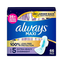 Feminine overnight pads with wings, shown in Always Maxi box packaging
