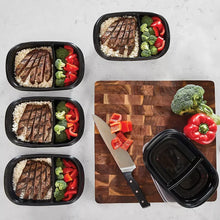 Meal prep containers with lids, filled with steak, broccoli, and peppers
