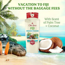 Fiji body wash bottle with red cap and palm-tree coconut scent label.