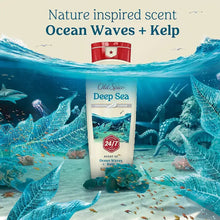 Deep Sea body wash bottle with red cap and ocean-waves kelp scent label.