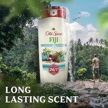 Fiji body wash bottle with red cap and palm-tree coconut scent label, men’s.