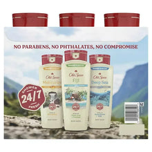 Men’s body wash variety pack: three red-capped bottles labeled Moisturize, Fiji, Deep Sea.