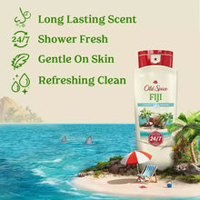 Fiji body wash bottle with red cap, palm-tree coconut scent label.