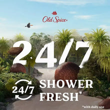 Body wash bottle with red cap and 24/7 shower-fresh branding.