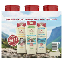 Men’s body wash variety pack: three red-capped shower bottles, Moisturize, Fiji, Deep Sea.