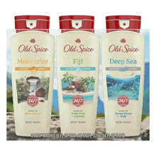 Men’s body wash variety pack: three red-capped bottles, Moisturize, Fiji, Deep Sea.