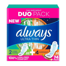 Feminine ultra-thin pads duo pack box with day and night absorbency labels