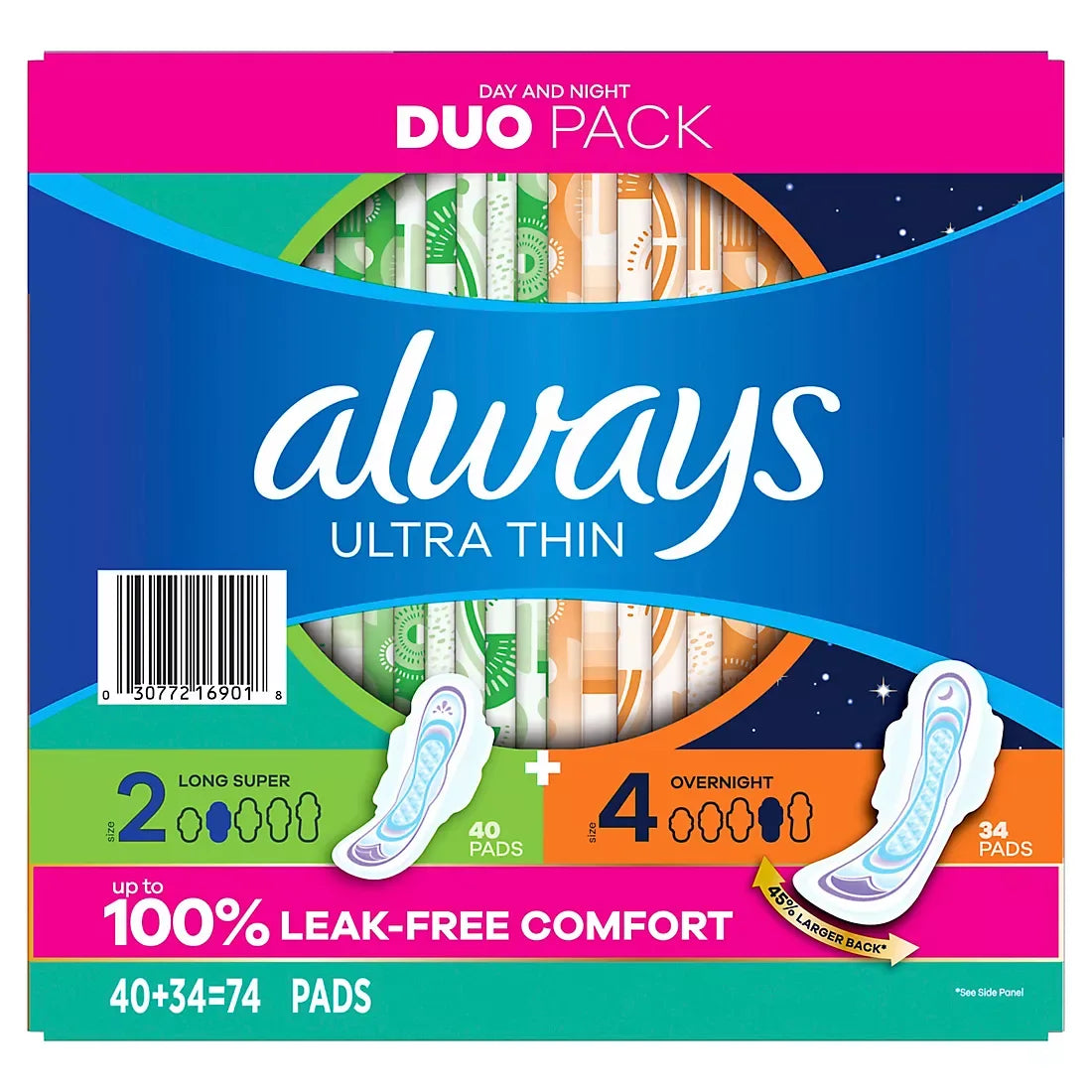Always Ultra Thin Pads Duo Pack, Feminine Pads, Size 2 Long Super and 4 Overnight Absorbency, 74 ct. - USA MEGA SHOP