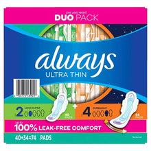 Always ultra thin duo pack feminine pads box with day and overnight graphics
