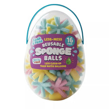 Reusable sponge balls 16-pack, colorful foam water-ball mix in blister package.