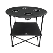 Foldable camping table with round tabletop, mesh shelf, and four cup holder openings