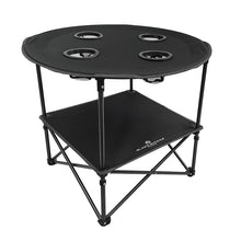 Foldable camping table with round top, mesh shelf, and four built-in cup holders