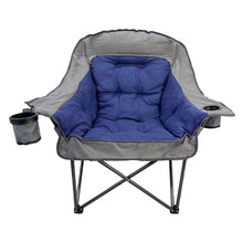 Folding camping chair with gray fabric arms and blue cushioned seat