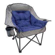 Camping folding chair with gray frame, blue seat cushion, side cup holder