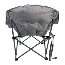 Gray folding camping chair viewed from back with fabric cover and straps
